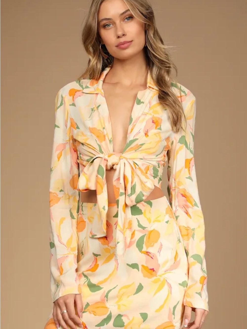 Floral Tie-Front Crop Top and Skirt Set - Cream/Yellow